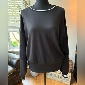 Chloe & Katie black pullover with striped neck and cuffs. Sz M